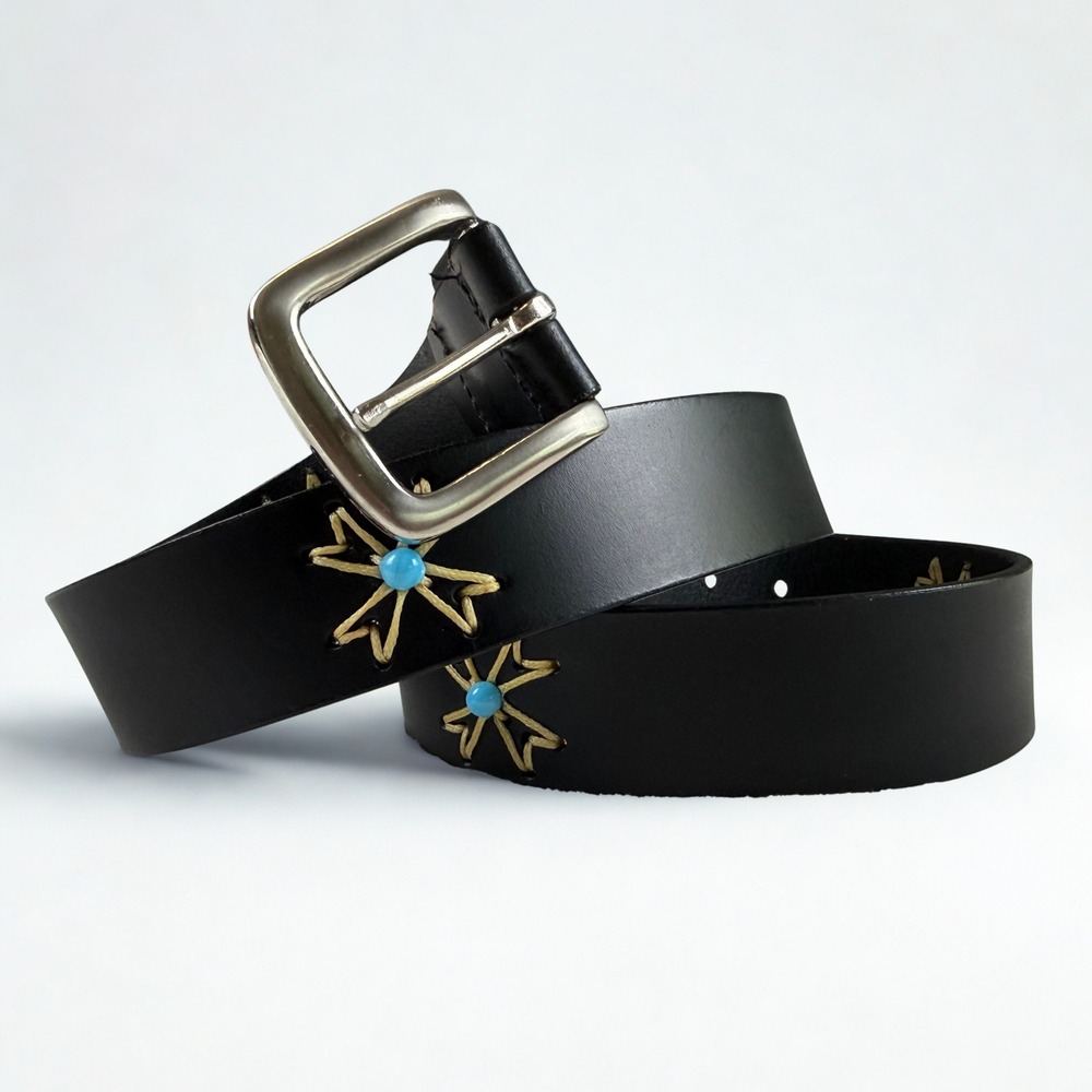 Lane Bryant Leather Belt Women 18/20 Black Turquoise Embroidered Boho (accents)